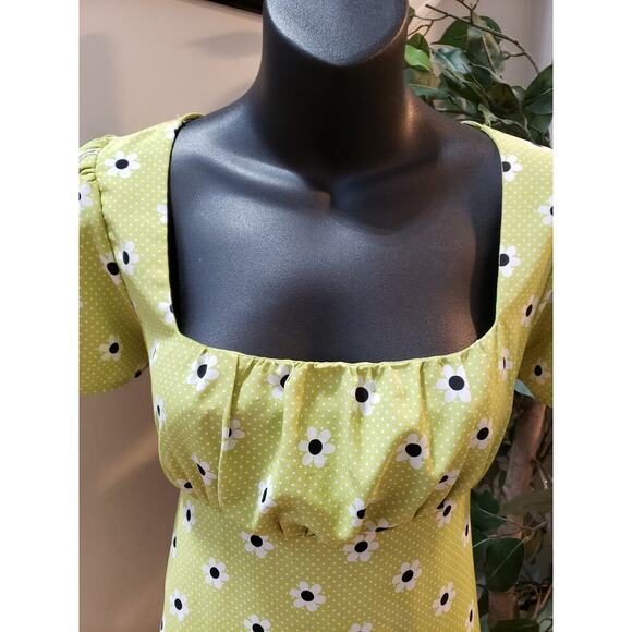 Forever 21 Daisy Dress Women's M Green Polka Dots Pleated Puff Sleeve Back Zip - Picture 10 of 11